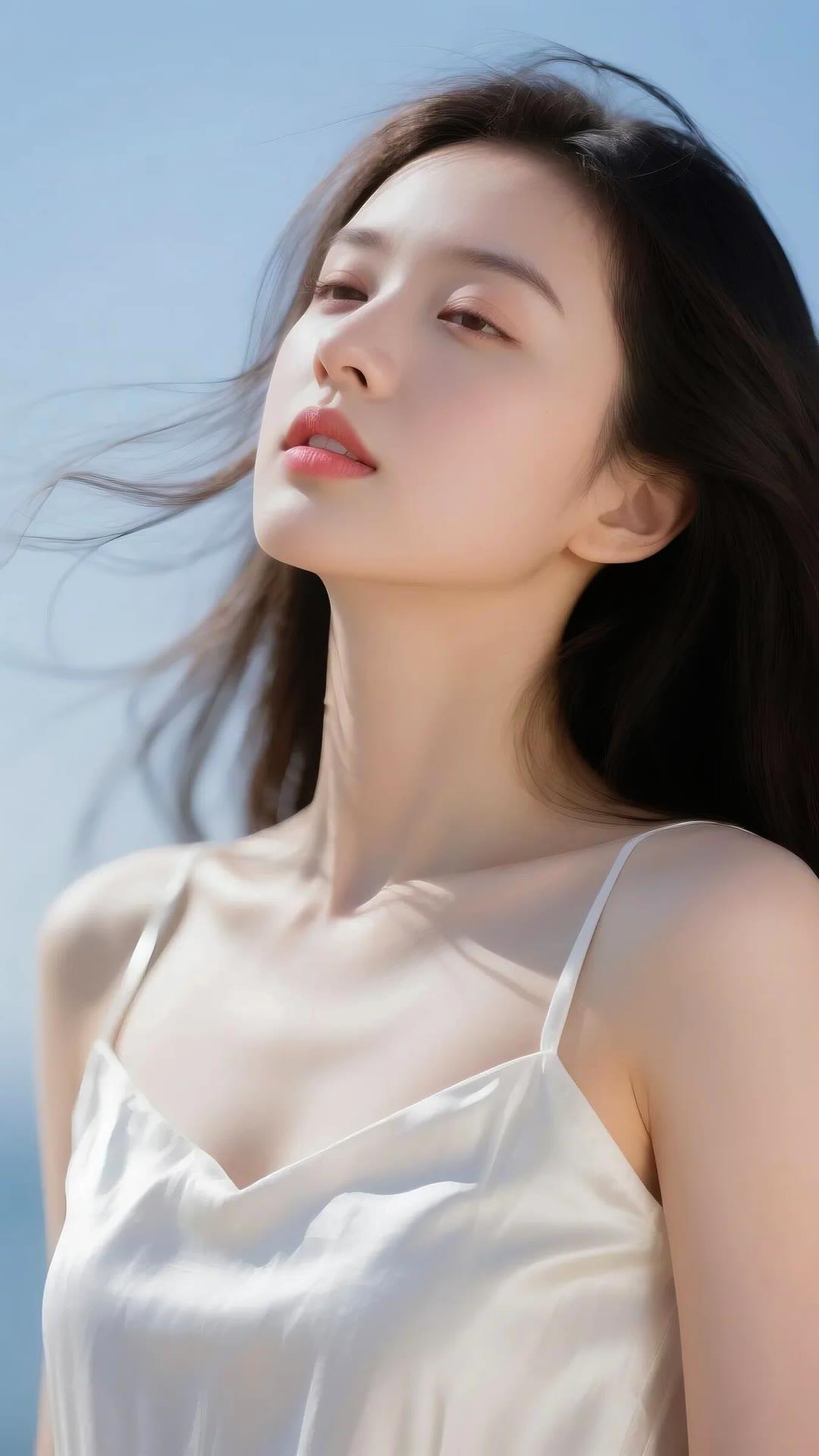 夏日微风中的温柔少女，轻盈飘逸，宛如海边的白浪。