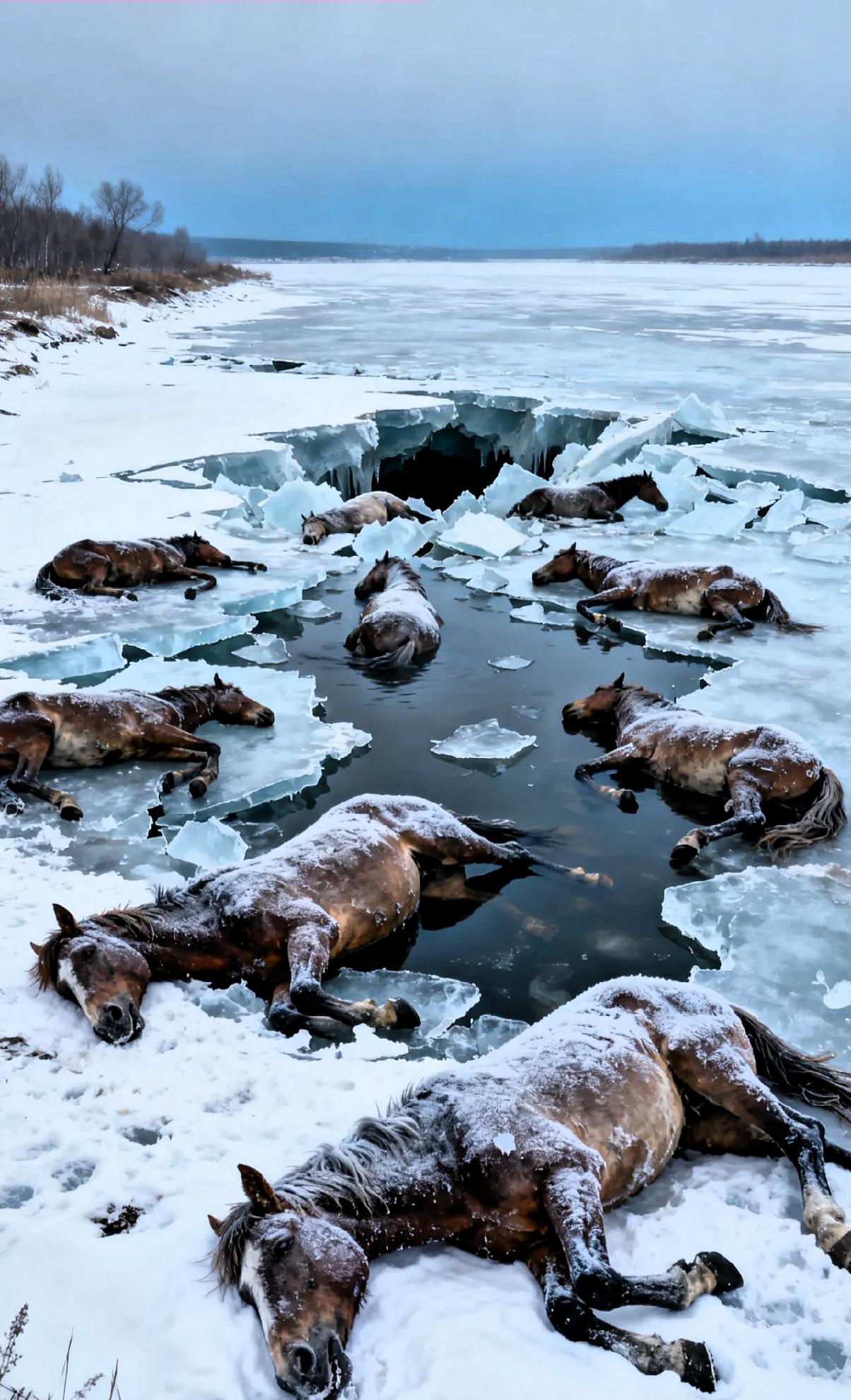 极寒裹住黑龙江东风水库的冰面，13匹马凑到冰边饮水，刚站定没多久，冰面突然发出“
