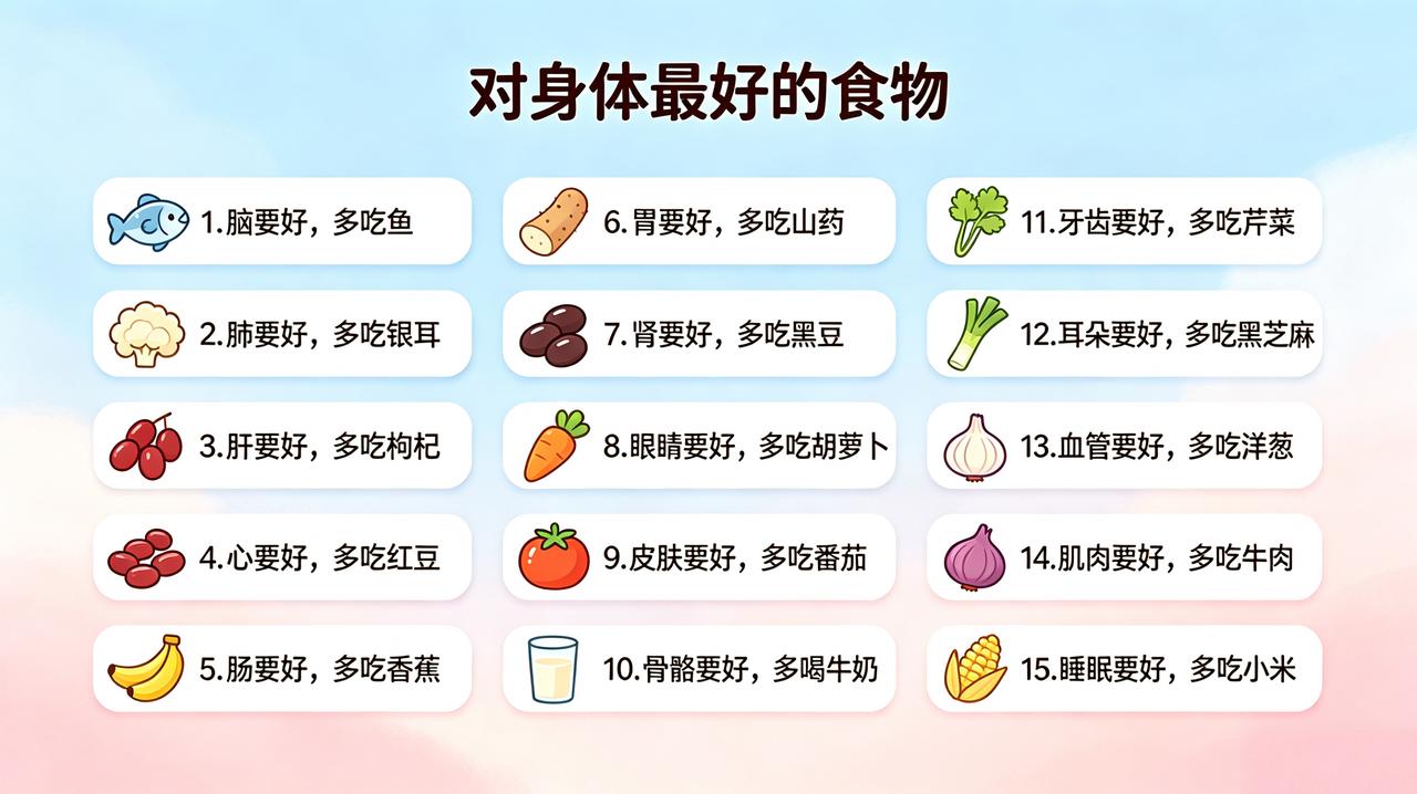 对身体最好的食物1. 健脑多吃鱼2. 润肺多吃银耳3. 养肝多吃枸杞