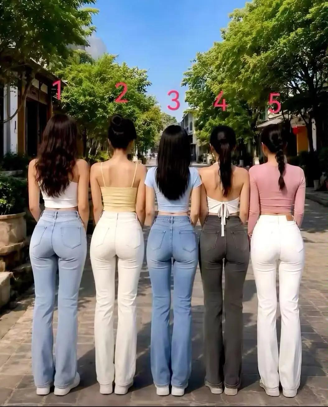 选一个做女朋友，你会选择哪个？5位女生背影一字排开，1到5号，不同穿搭，各有各