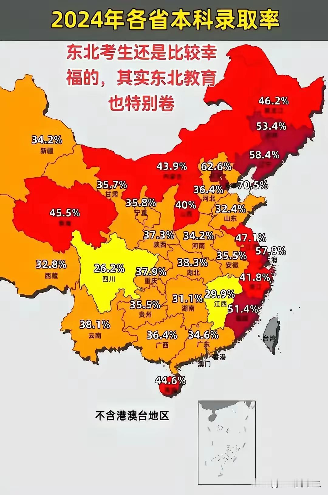 2024年各省本科录取率：山东本科录取率倒数！东北考生还是比较幸福的，其实东北教