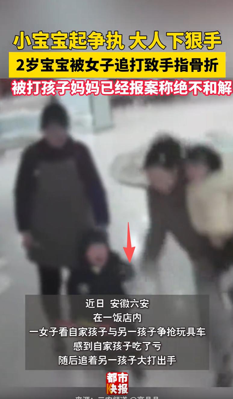 安徽六安，两个小孩在玩耍时因抢玩具起了点小摩擦，一女子的孩子被对方两岁宝宝不小心