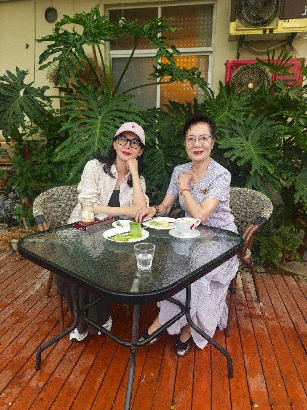 陈数晒与妈妈合影，母女俩五官长得非常像，看着陈妈妈就好像看到了陈数老了的样子。