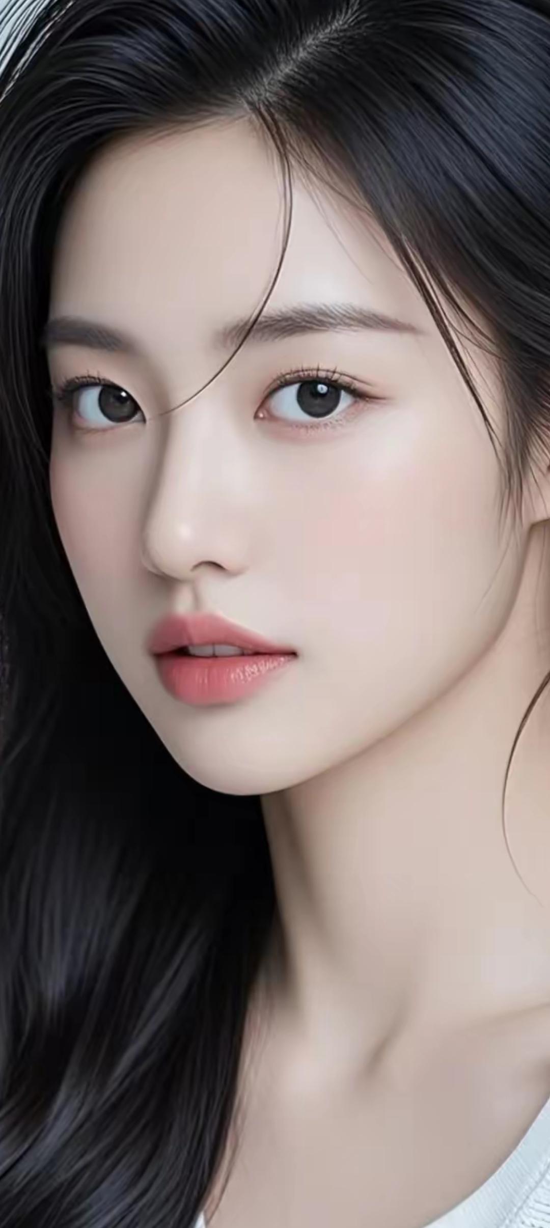 温柔甜美的少女，白皙肌肤，大眼睛，红唇，黑发，清新自然。