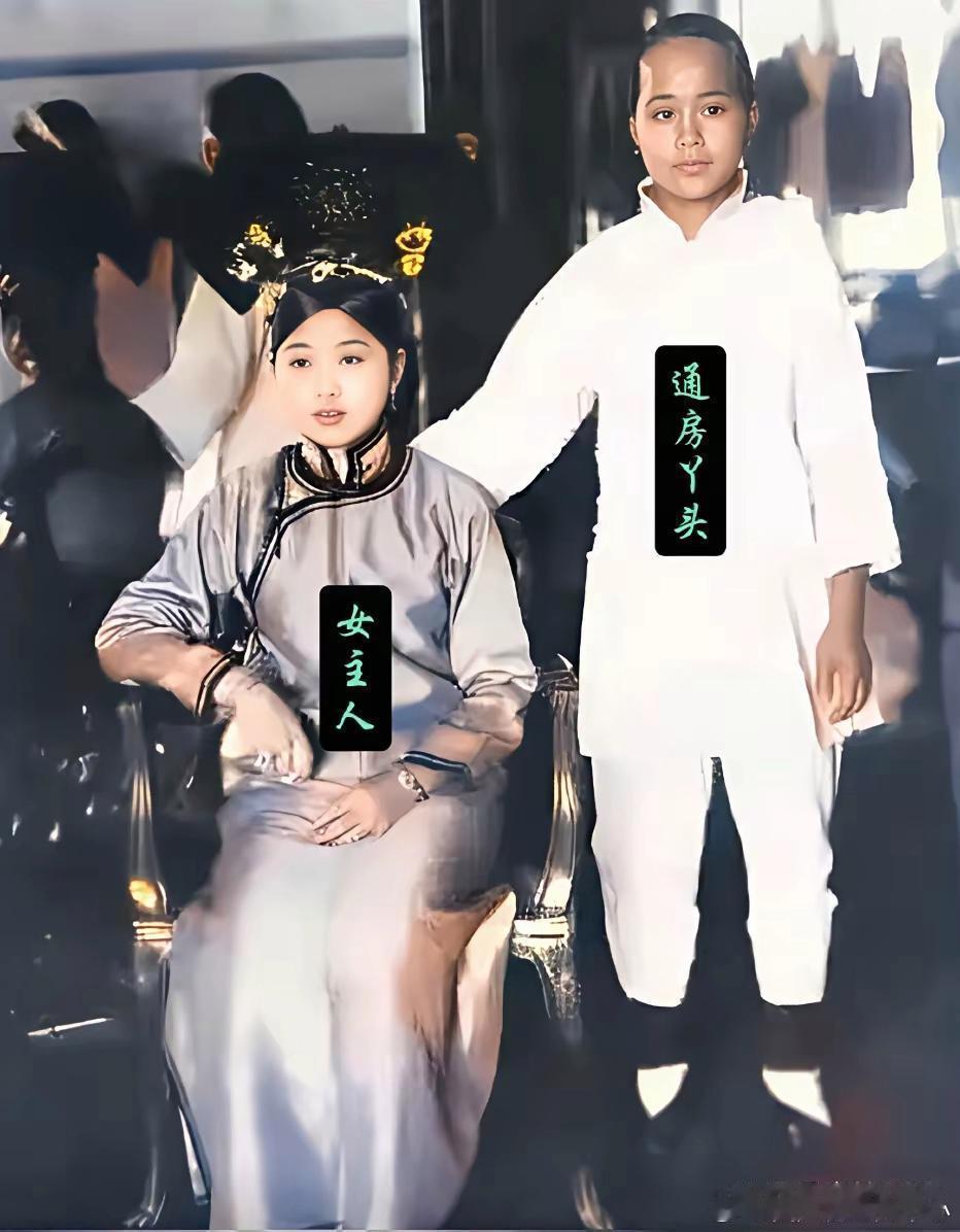 清末旗人女主人与通房丫头合影，衣着地位对比鲜明，折射出旧时主仆等级森严