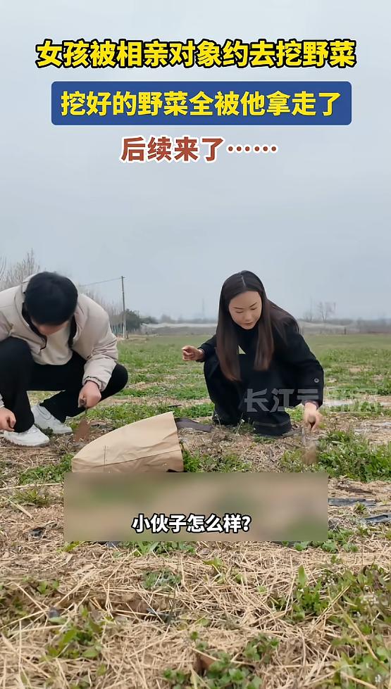 陕西咸阳，女孩被相亲对象约去挖野菜，忙活一下午，男方却把野菜全部拿走。女方一根也