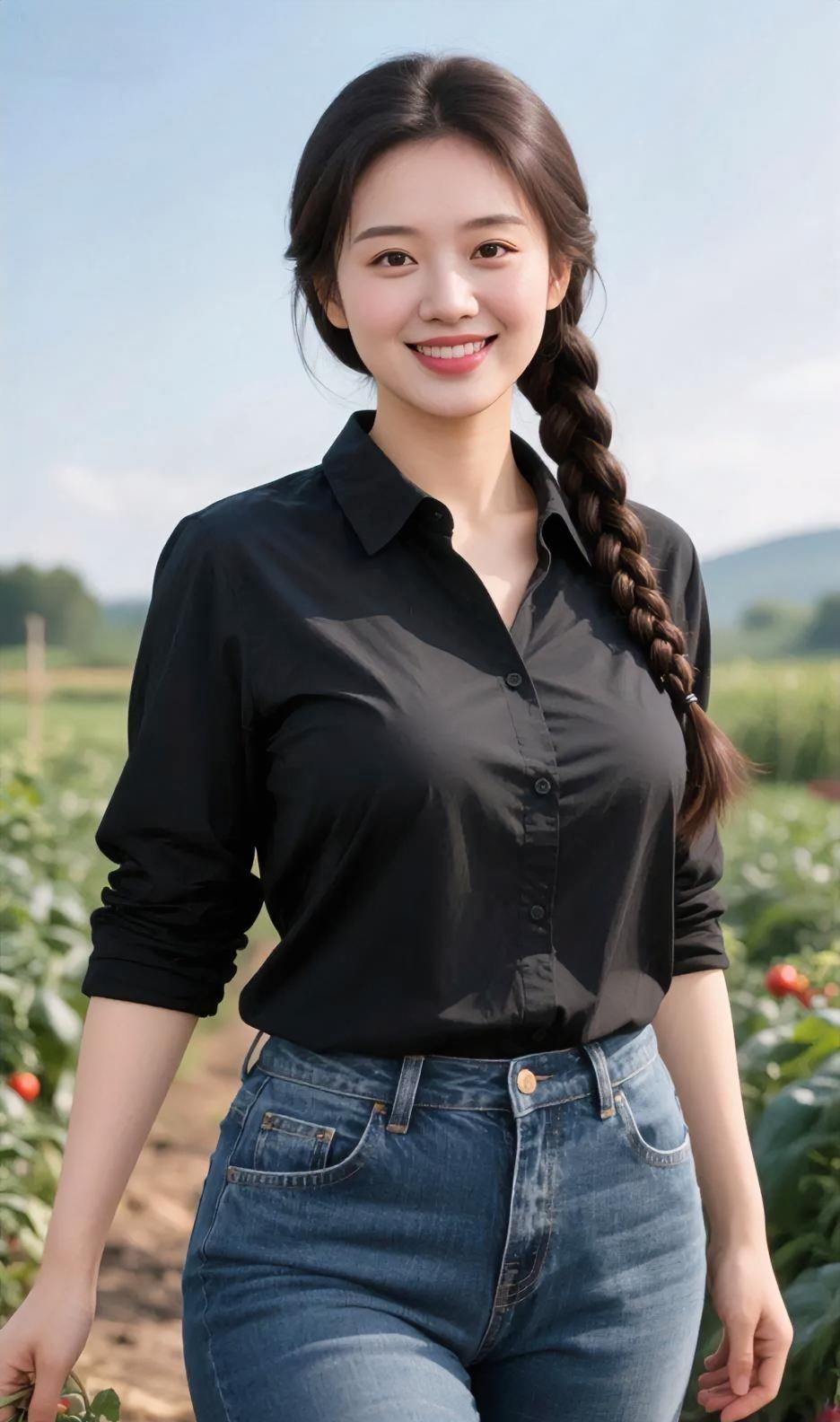 辫子垂肩黑衫轻，田间风软笑意明。手边红果悄悄红，蓝天远山入画屏。