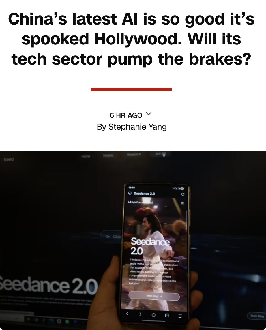 美媒：中国字节跳动公司开发的Seedance2.0是目前最先进的AI视频生成模