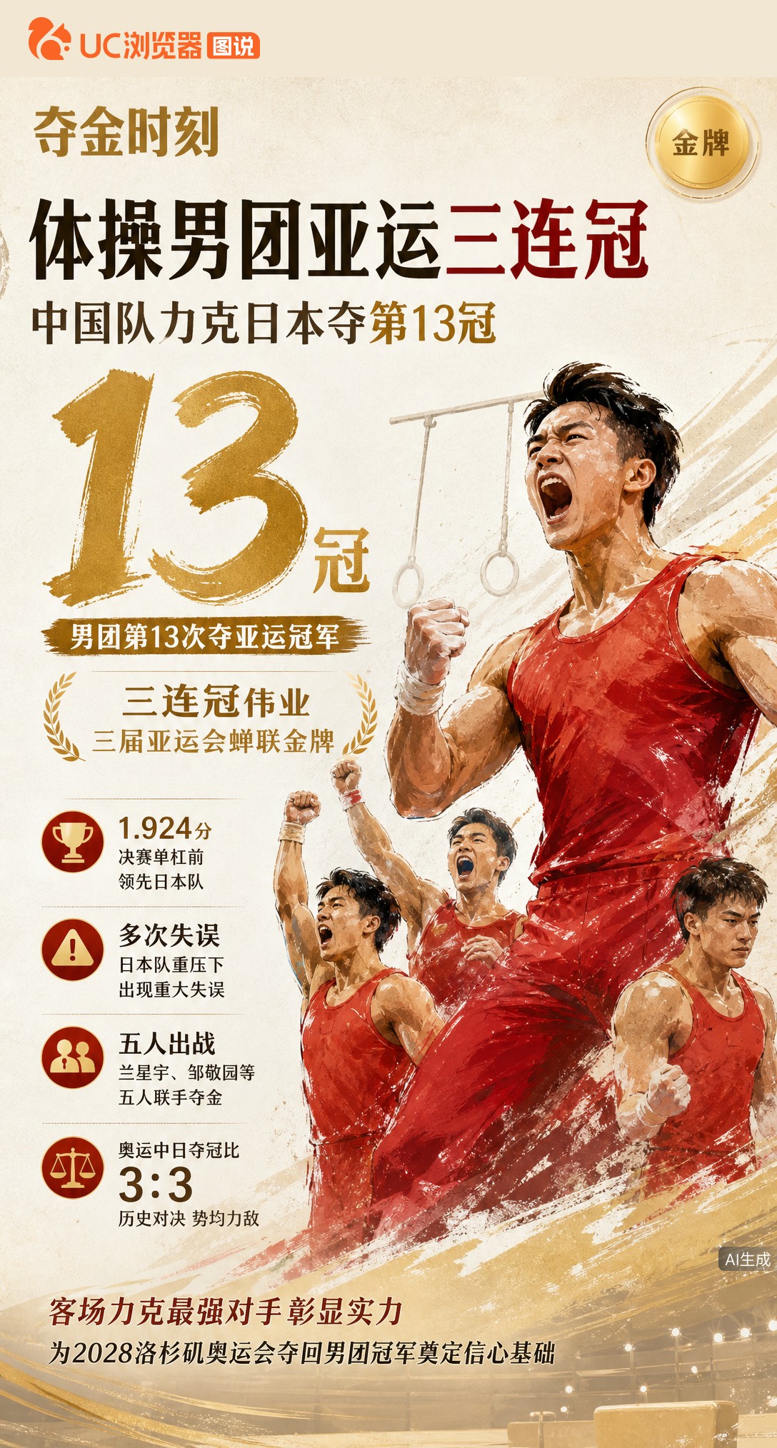 亚运男团三连冠！中国队决赛领先日本1.924分夺第13冠，对手重压下多次失误。兰星宇、邹敬园领衔出战