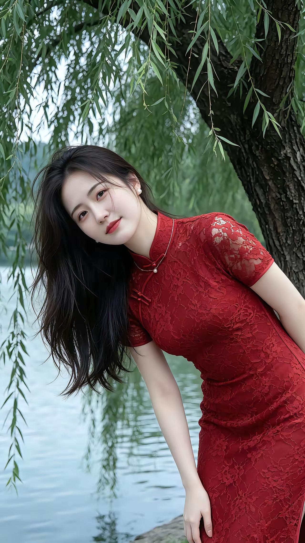 佳人河畔柳色鲜，红袂拂波引风怜。低身轻拢裙边浪，抬目斜观树隙天。三十华光藏不
