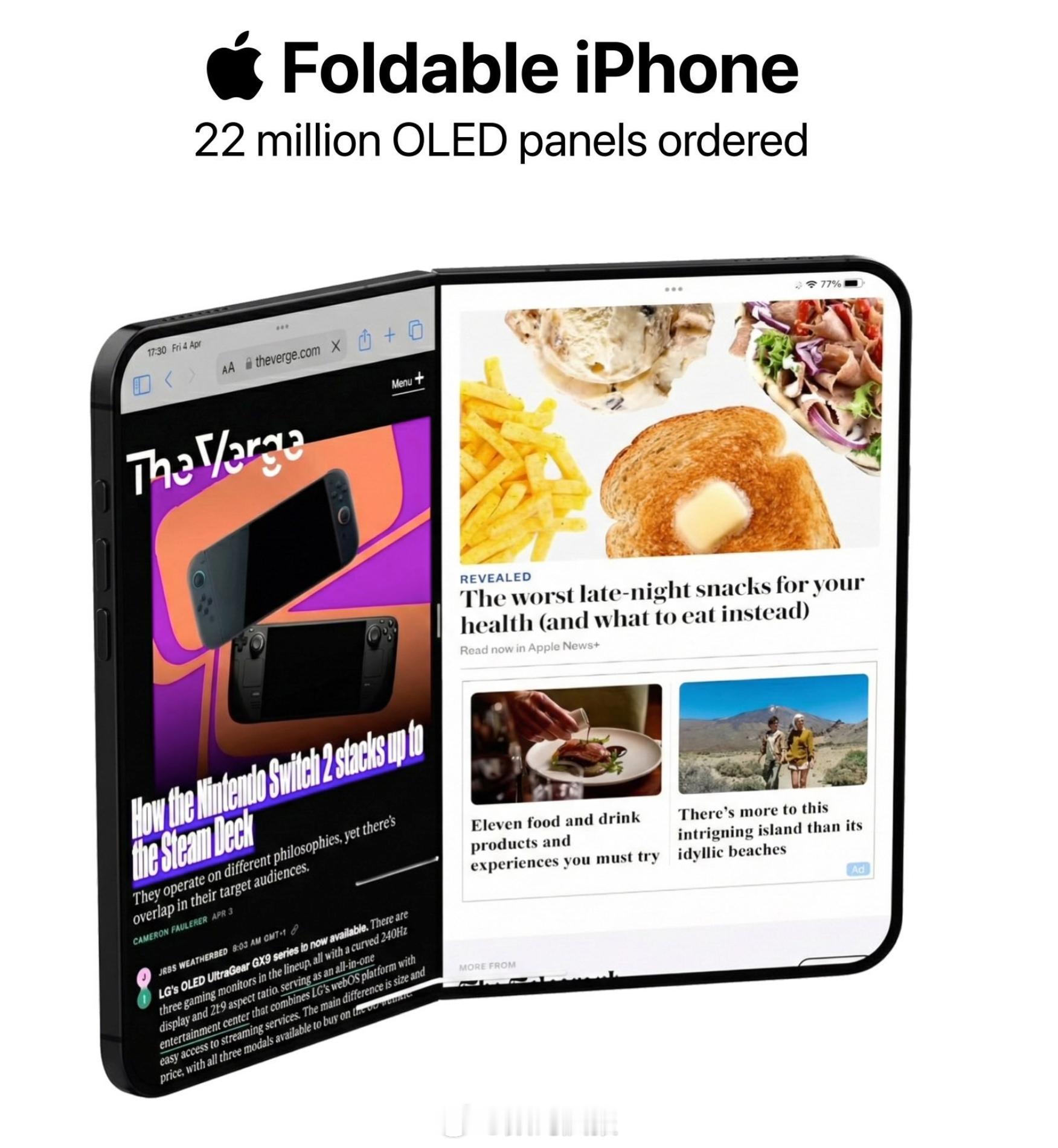 苹果已向三星订购2200万块OLED面板，用于明年发布的可折叠屏iPh