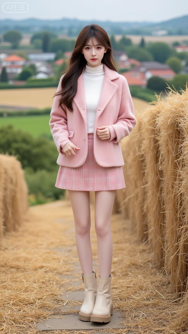麦垛裹着浅粉的甜，格裙碰了绒衫的暖，田风晃出乡野的软。连靴筒都浸着秋日的松弛。