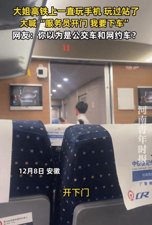 安徽，女子坐高铁因一直玩手机，坐过站了。突然，她大声喊:“开下门，服务员开下门