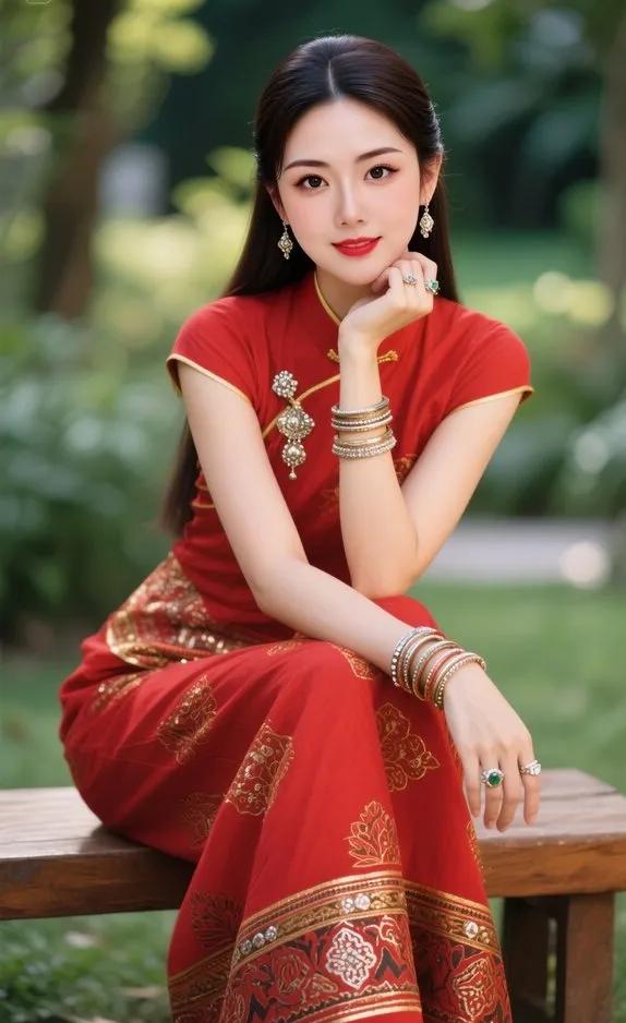 旗袍美人倚长凳，绿意盎然映芳容古韵红衣女神红裙女郎