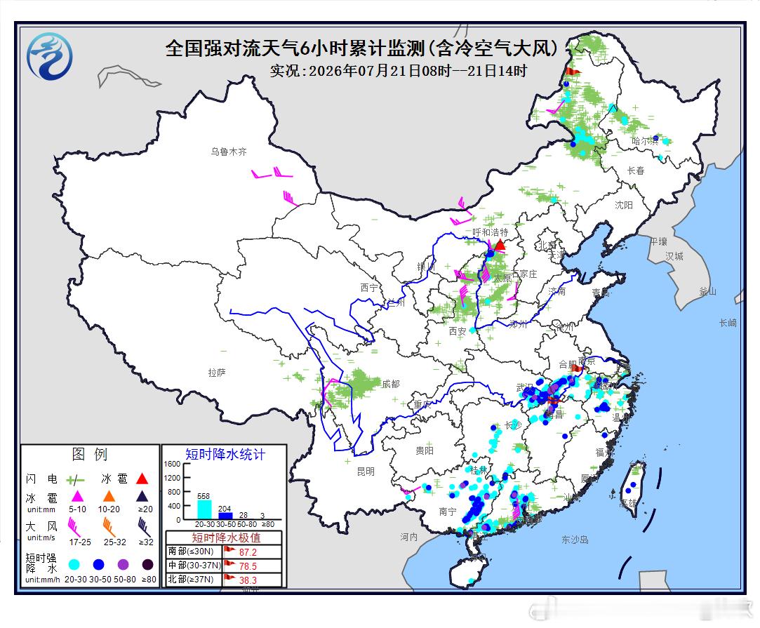 【强降雨和强对流】从今天08-14时降水实况以及午后雷达动画看，北方两个高空槽+