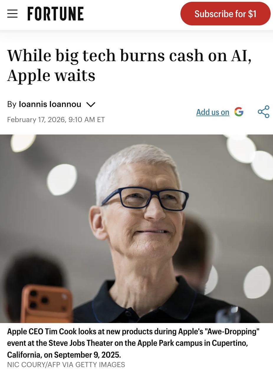 美媒：当大型科技公司在人工智能上烧钱时，苹果却在等待谷歌计划在人工智能基础设