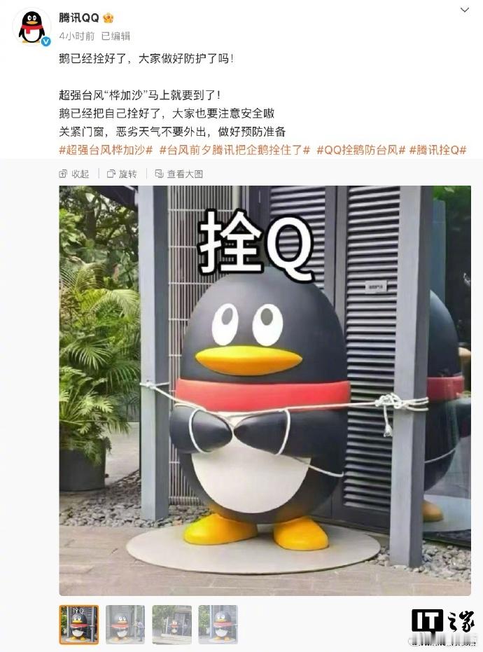 栓q我真的会笑🤣超强台风桦加沙逼近广东腾讯为QQ企鹅雕像上拴绳202