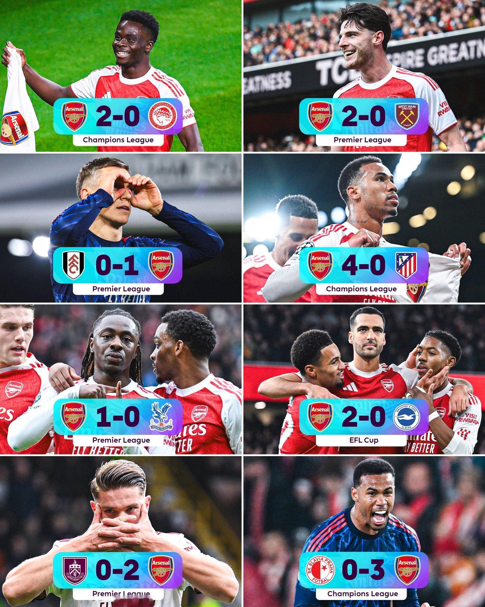 阿森纳成为21世纪以来，第一支在欧冠四连胜且一球不丢的英超球队；过去8场枪手全部