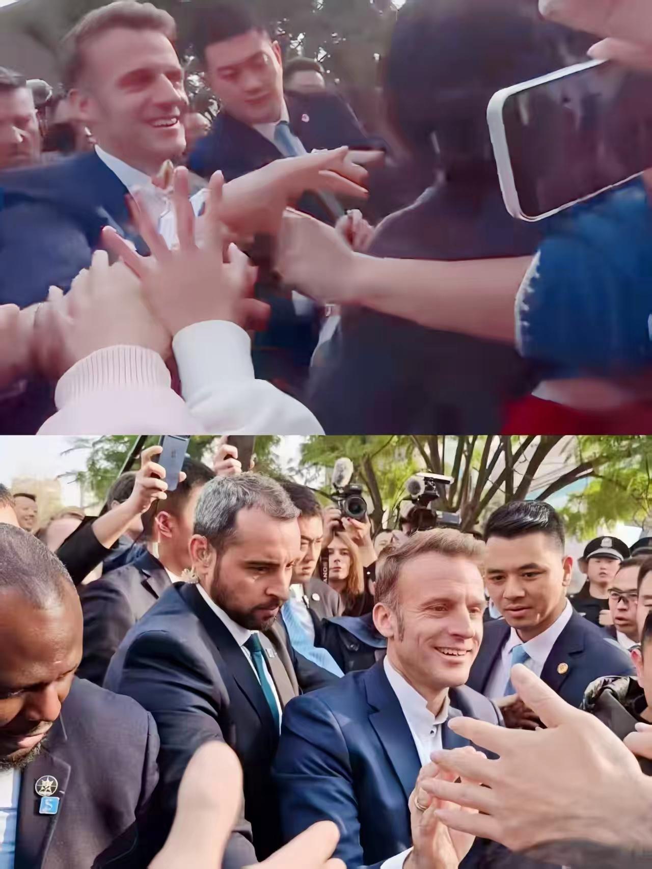 马克龙万万没想到来中国居然那么多人喜欢他，高兴坏了。像快乐的小狗向你跑来……那确