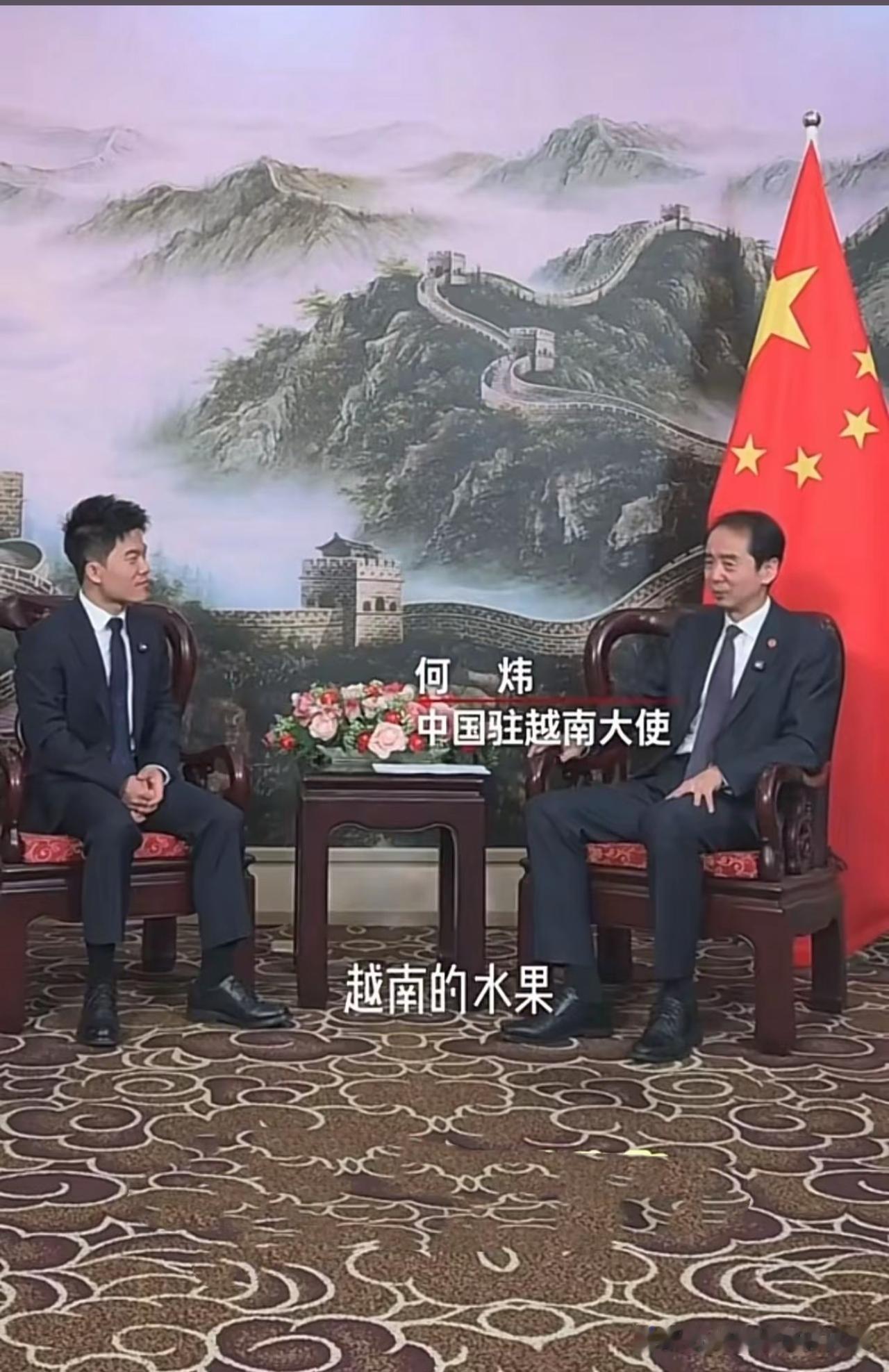 董宇辉在越南，身着利落的深色西装，旁边坐着的是中国驻越南大使何炜，这场会面，又一