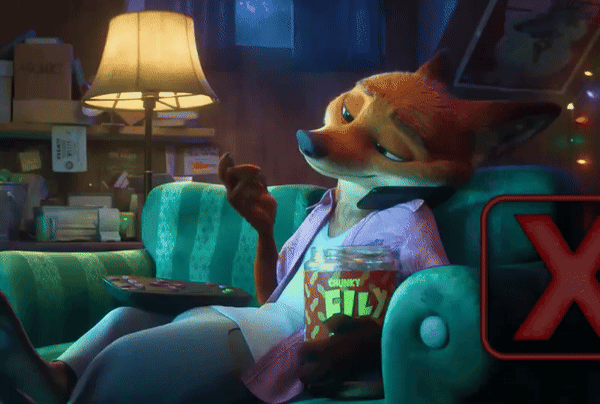 疯狂动物城2第一次展示了尼克家里的样子，悠闲瘫沙发+舔花生酱的这份松弛感而设