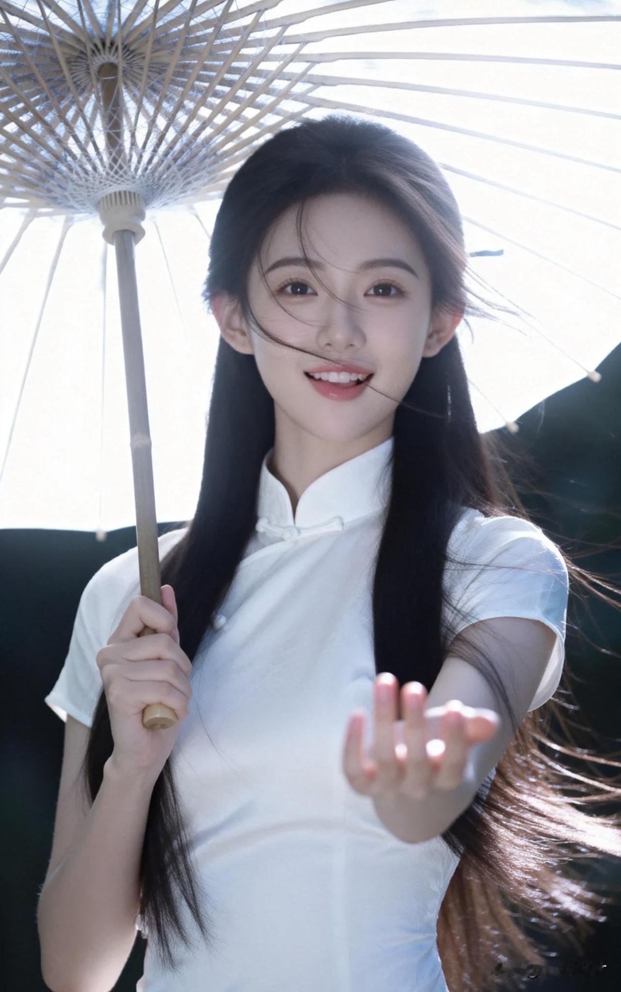 撑伞迎风立，笑语入画来。