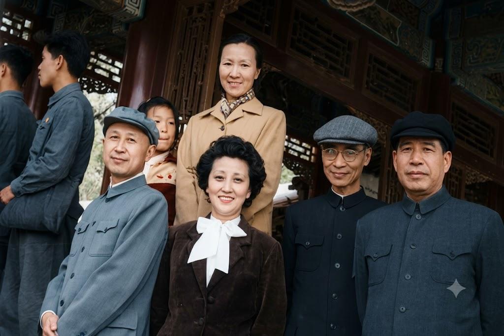 1960年，中国科学界几位巨擘及其家人在北京颐和园。前排左侧是“中国航天之父”