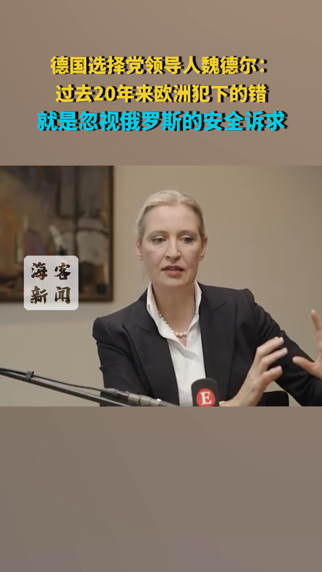 德国选择党领导人魏德尔：过去20年来欧洲犯下的错 就是忽视俄罗斯的安全诉求