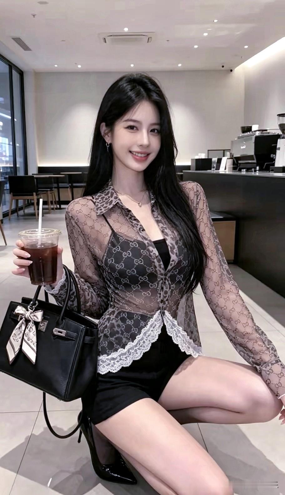 咖啡馆里的小仙女，长发配蕾丝穿搭，黑发红唇，清甜笑容治愈所有时光。分享你的随手拍
