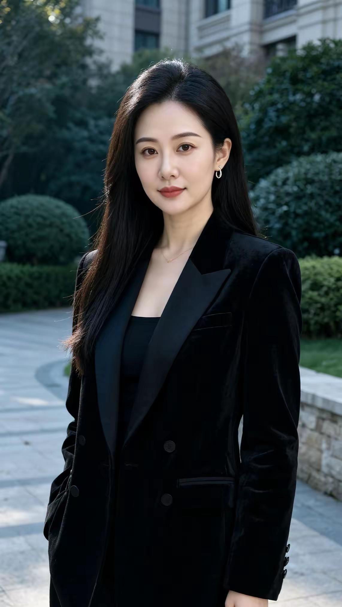 一个穿黑色西装的美女在户外拍照。