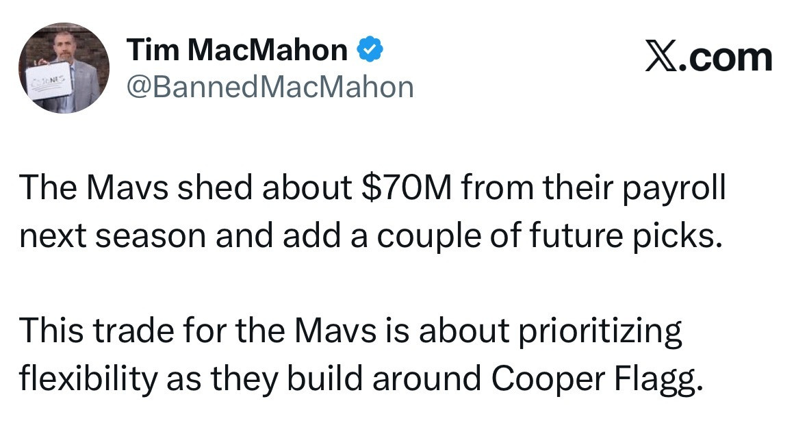 独行侠下赛季薪资总额将减少约7000万美元，还收获了数个未来选秀权。对于独行侠而