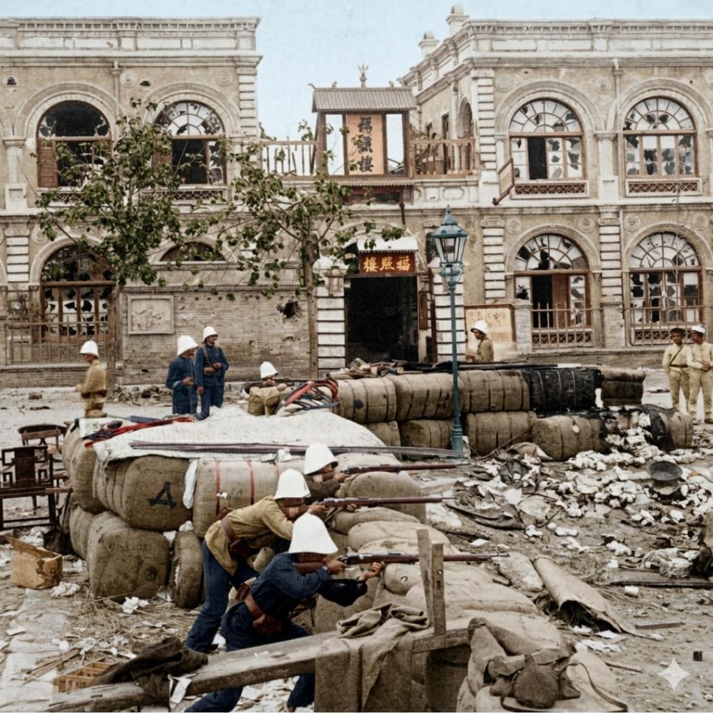 1900年，法国军队攻占天津时，在街边用麻袋堆起防御工事，全员持枪据守、枪口朝外