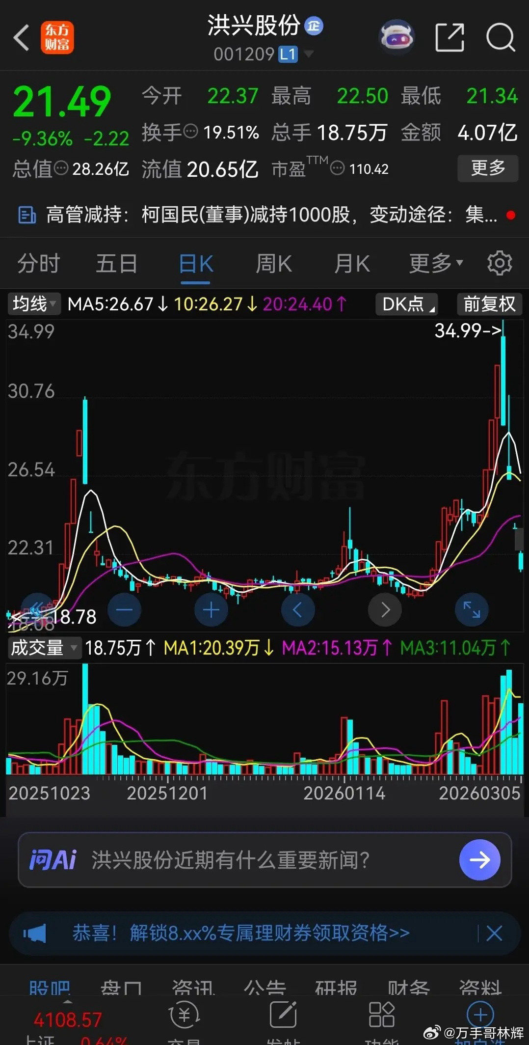 洪兴股份这走势真是太狠了，堪比杀猪盘！三个涨停后，突然闪崩大跌，连续四天跌停，股