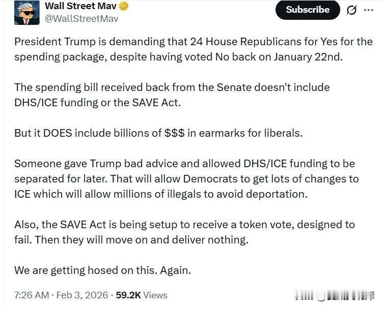 川普总统要求24名众议院共和党人对支出方案投赞成票，尽管他们在1月22日曾投反对