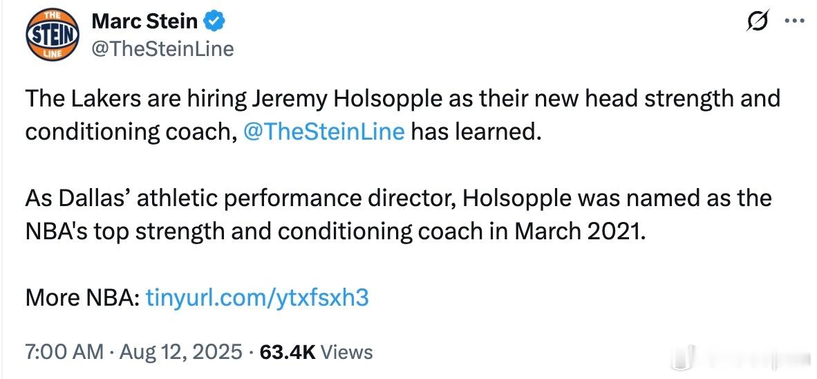 湖人新聘请了JeremyHolsopple做力量体能教练，也就是之前被小牛炒掉
