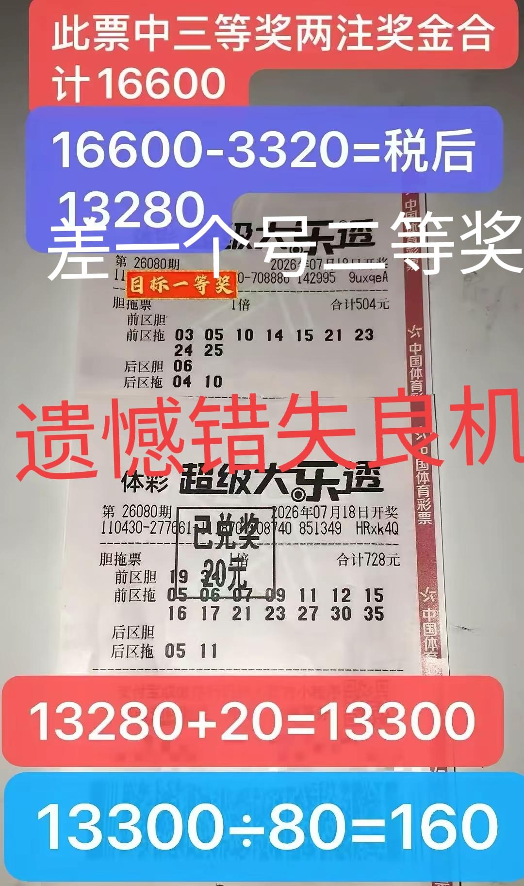遗憾错失良机，仅仅只差一个号码，与二等奖擦肩而过。这位出票的彩友，肯定没有关注我