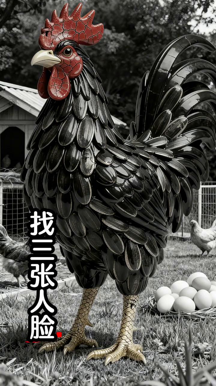 找三张人脸。这公鸡身上藏了三张人脸，我玩了半天也没找到，真是仇人。眼睛都快看花