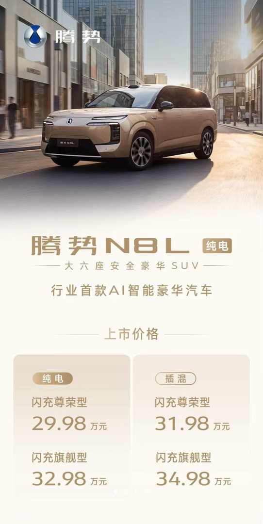 腾势N8L纯电的竞争力很强啊，29.98万/32.98万元两个版本，都是闪充，