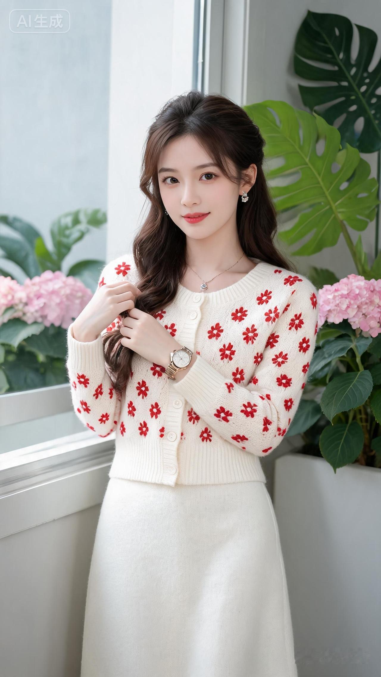 温柔甜美的穿搭，红白相间的花纹毛衣，搭配白色半身裙，尽显优雅气质。