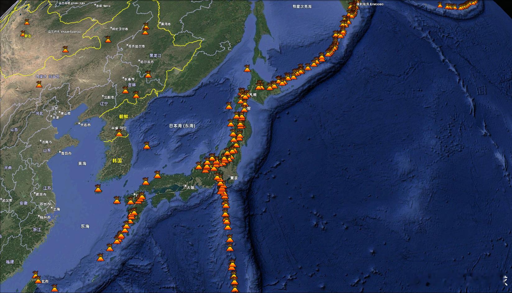 全球1428座全新世火山分布图（全新世火山指1万年前至今曾喷发过的火山）火山地