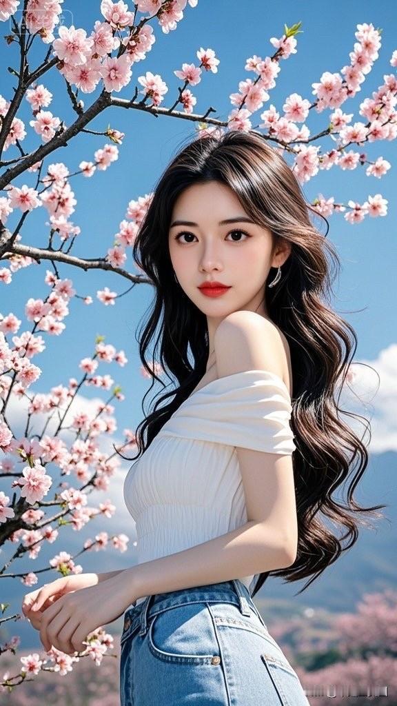 樱花树下，美女在微笑。