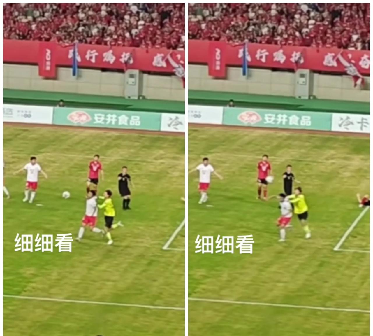 苏超淮安队这个门将真丢人啊，拍掉球以后一把拽住了常州队员的衣领把人拽翻了，这个动