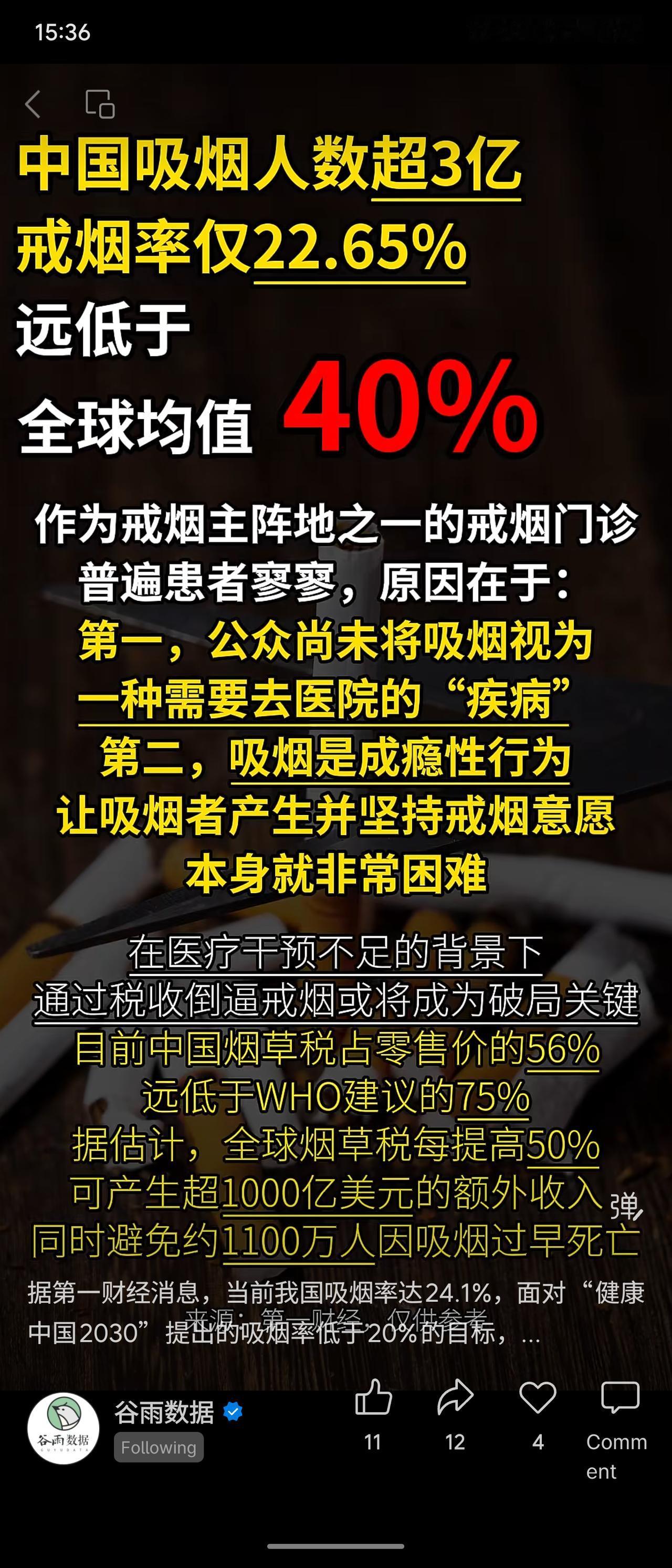 中国吸烟人数超3亿，但戒烟率（22.65%）远低于全球平均水平。戒烟门诊遇冷，主