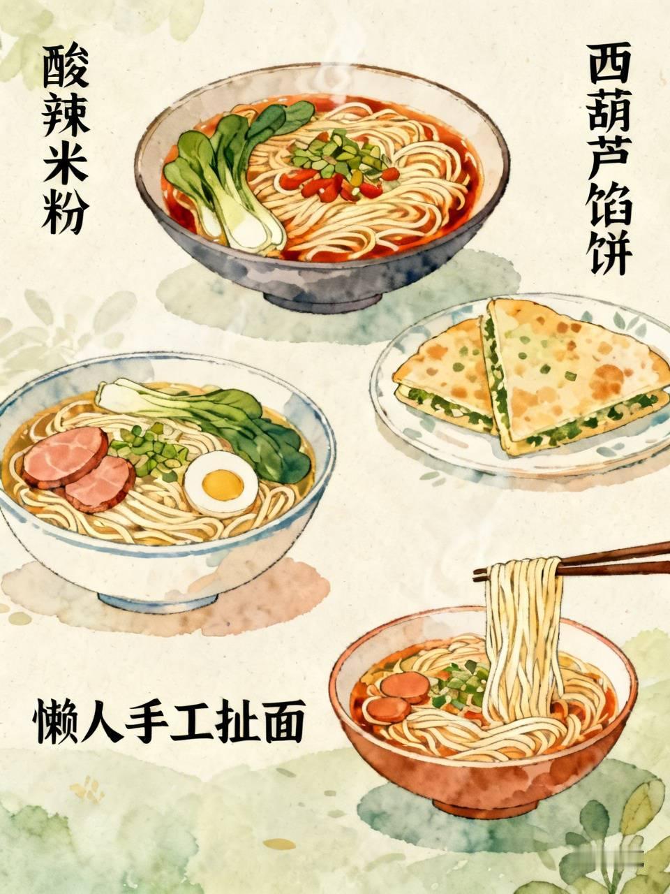 我会做不少面食呢！酸辣米粉就很拿手，先把米粉煮熟过冷水，接着油热炒泡椒、豆瓣酱出