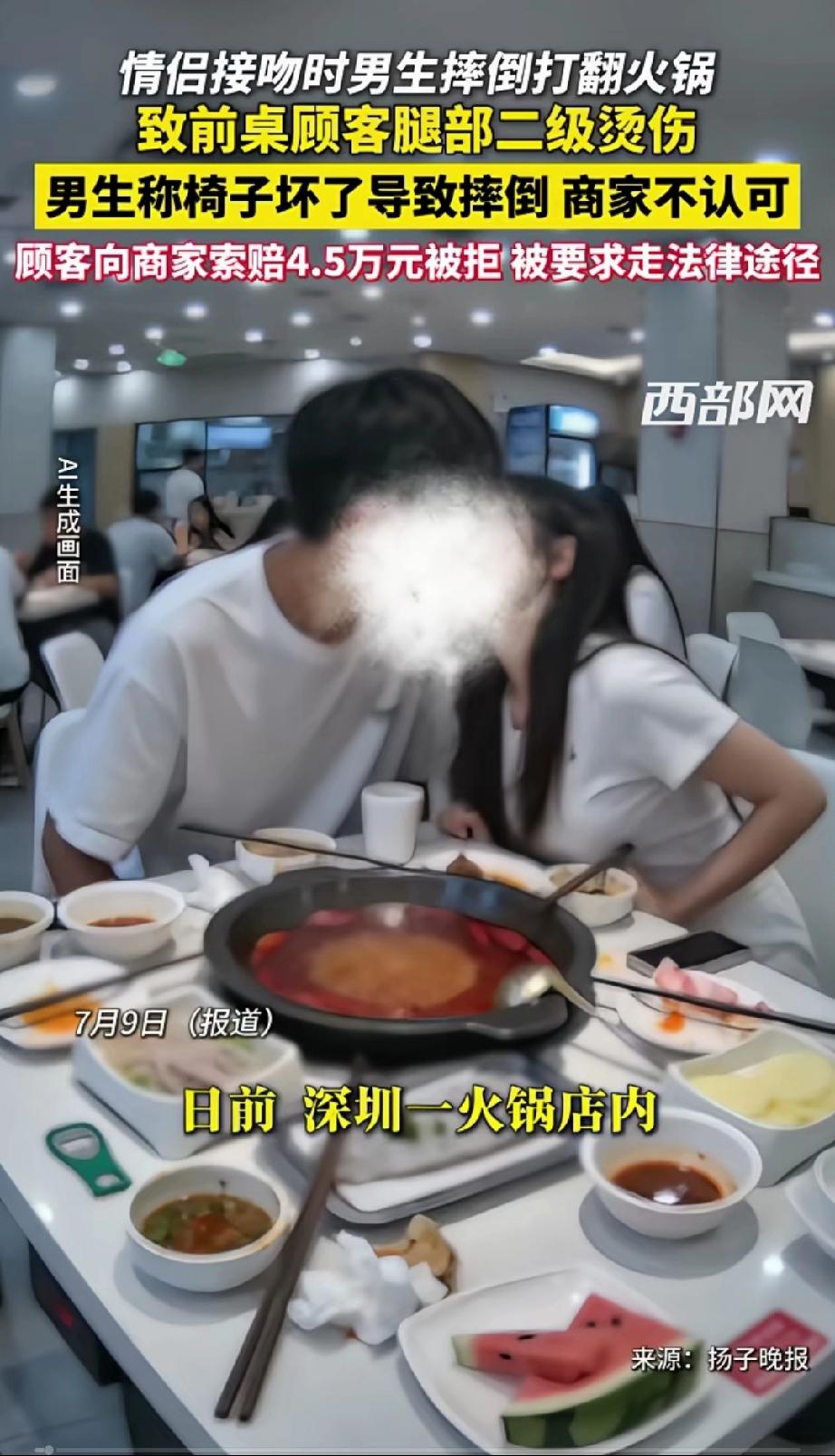 深圳，男子带女朋友去吃火锅，火锅吃到一半，他觉得女友可爱，忍不住上嘴吻住她，两人