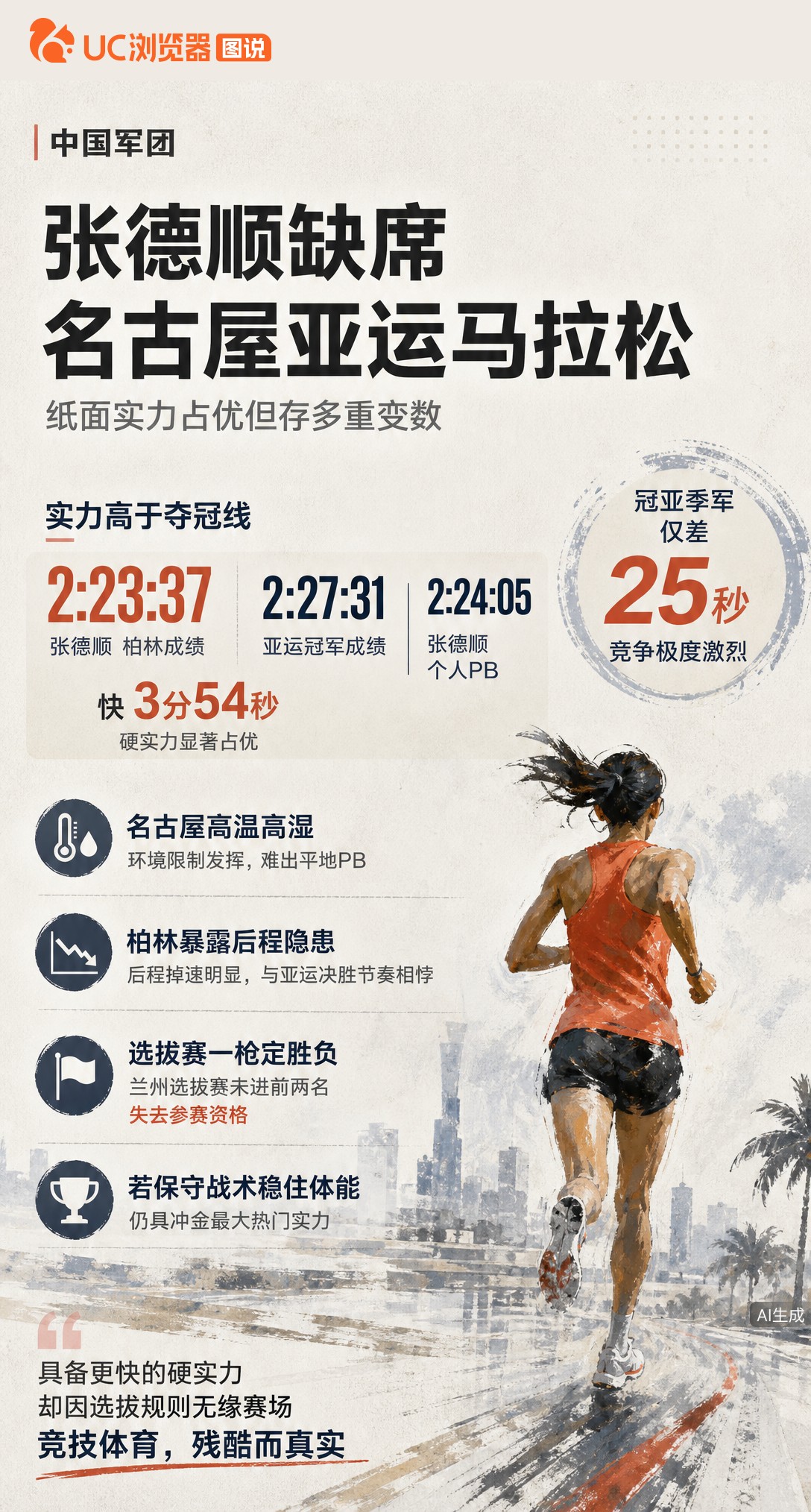 张德顺柏林跑出2:23:37，硬实力远超亚运夺冠线，却因选拔赛失利无缘名古屋。高温高湿加后程掉速隐患