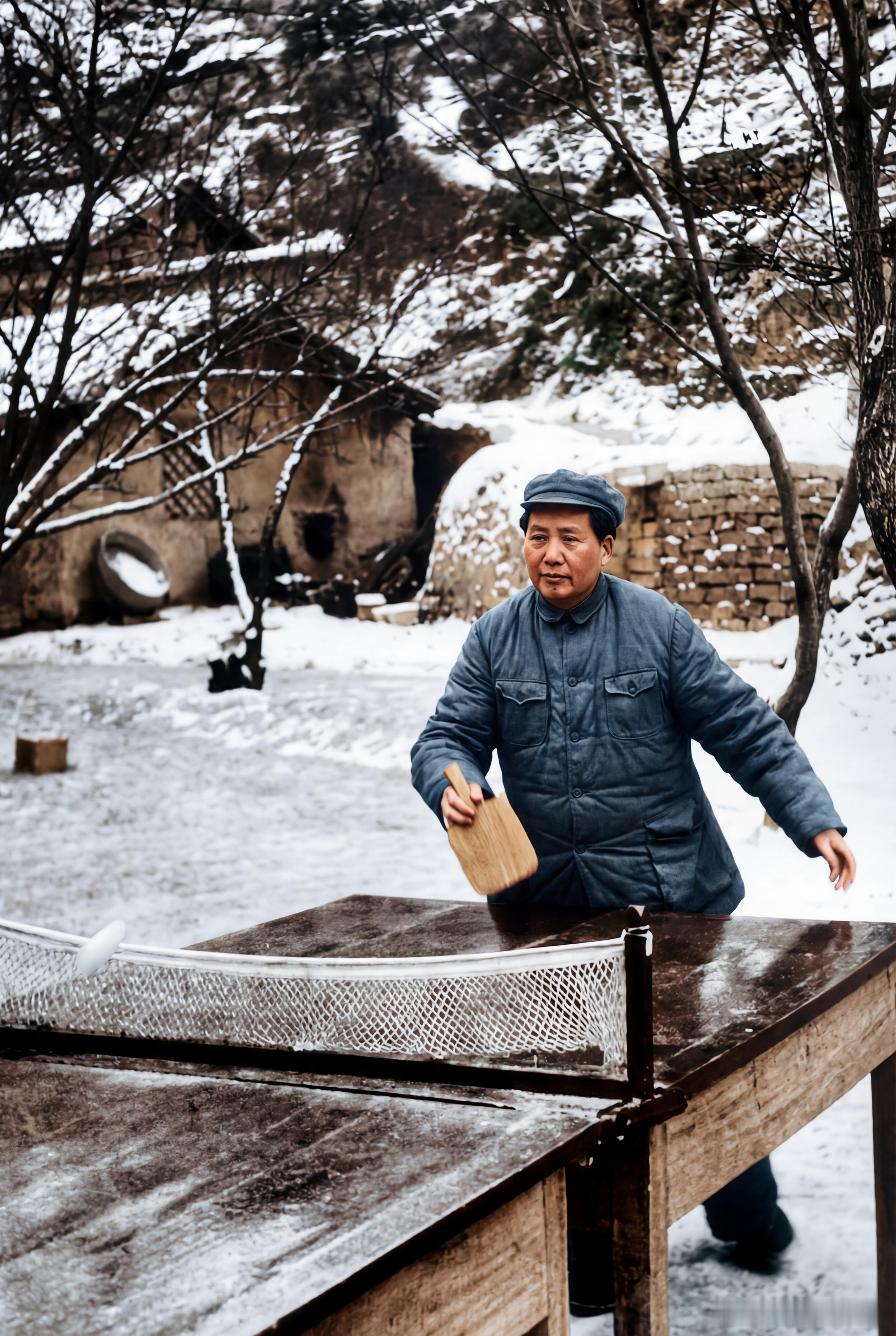 毛主席照片高清修复原图为1946年毛主席在延安雪地里打乒乓球的经典照片，能看出主