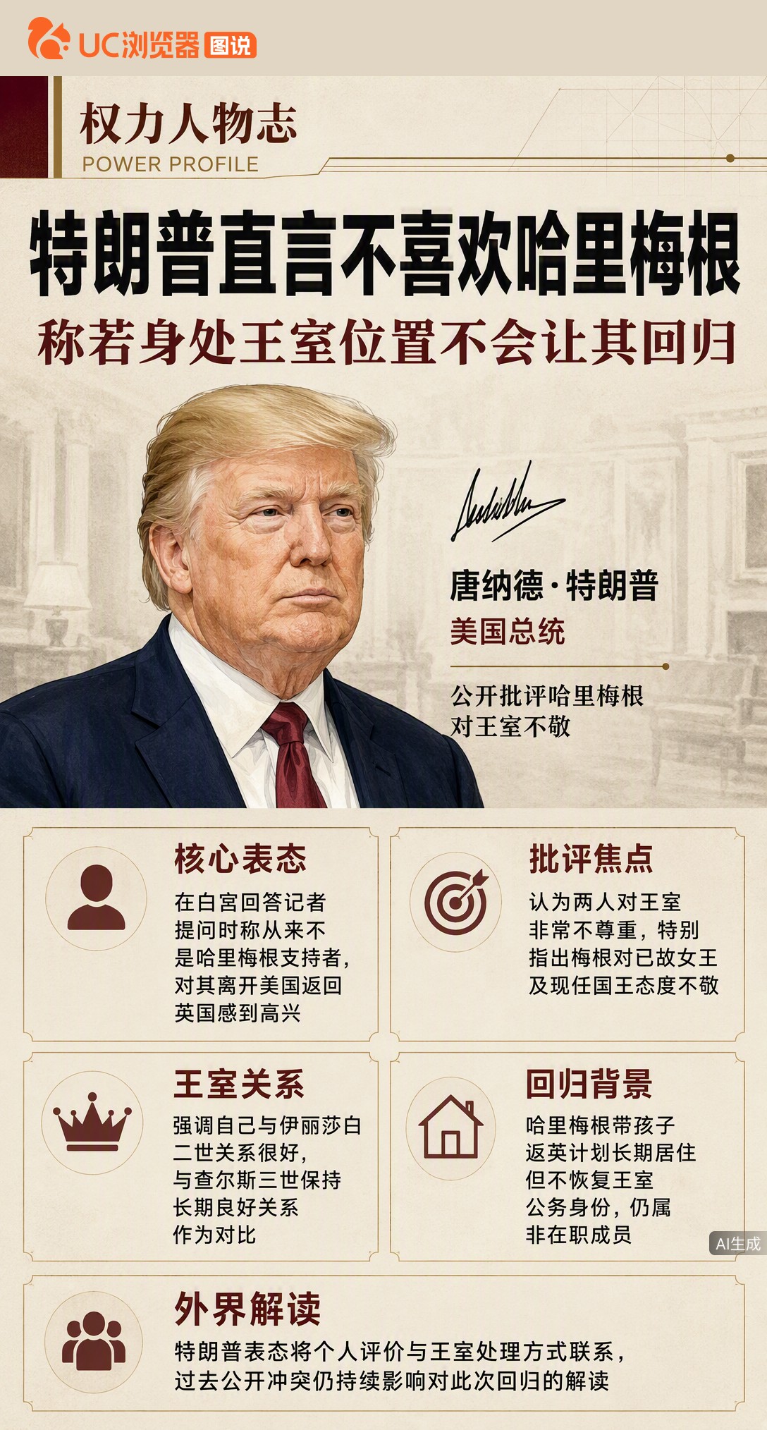 哈里梅根带娃返英刚一周，特朗普就直言“从来不喜欢他们”，还放话若自己是王室成员绝不会让两人回来。他特