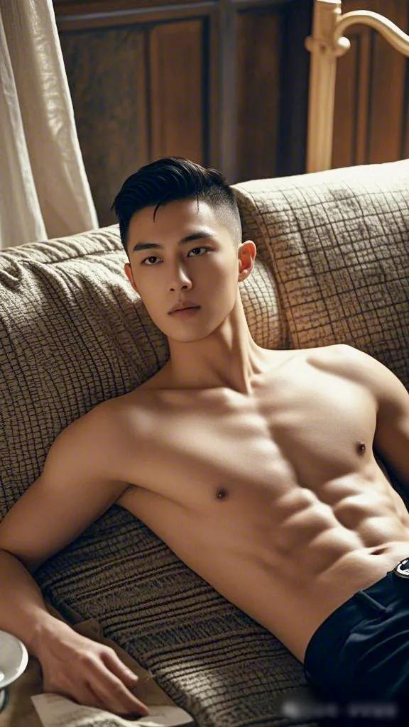 阳光洒在八块腹肌上，浓眉大眼的小哥像是在等人。