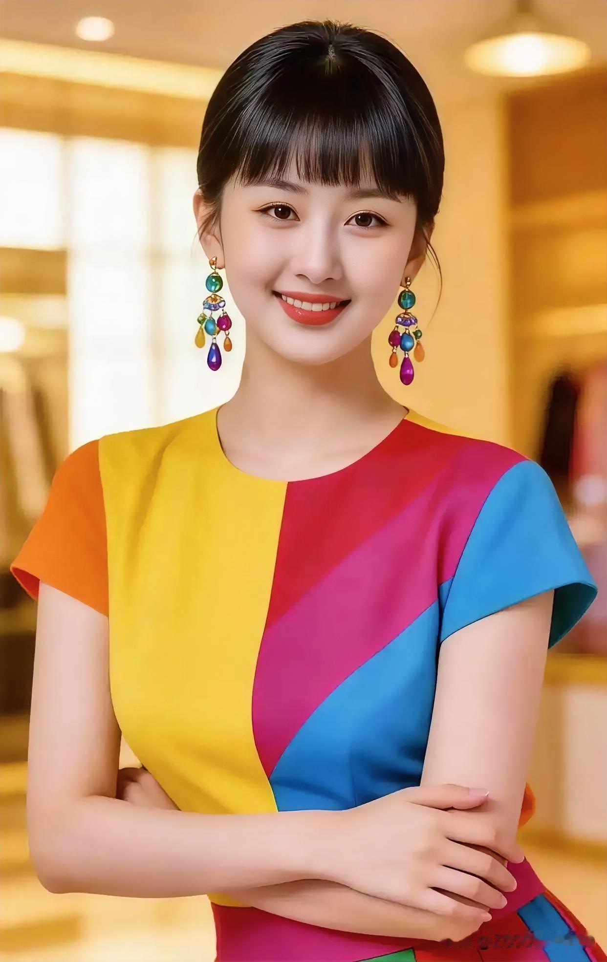 明快撞色裙装搭配彩宝耳饰，笑意盈盈间，绽放青春活力与时尚魅力。